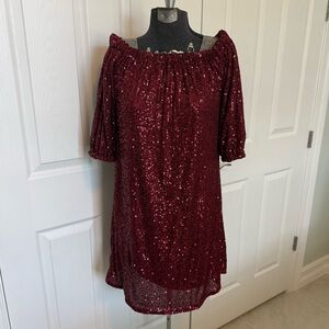 VENUS Burgundy Sequin Off-Shoulder Shift  dress festival Prom ✨